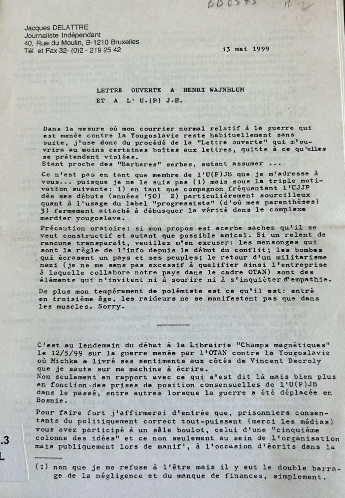 Lettre ouverte à Henri Wajnblum et à l’U.P.J.B.